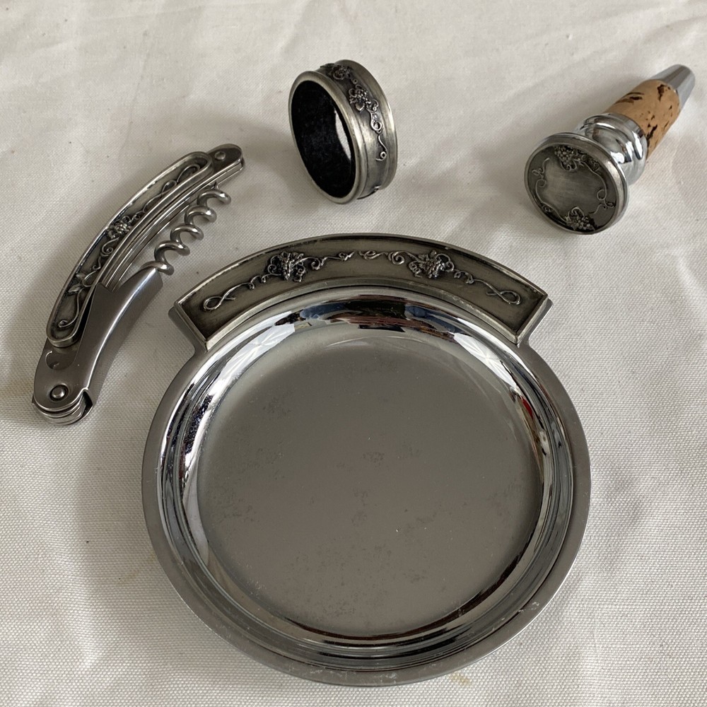 VTG 90s Grapevine Wine Accessory Set 4pc Corkscrew Stopper Drip Ring Coaster Box