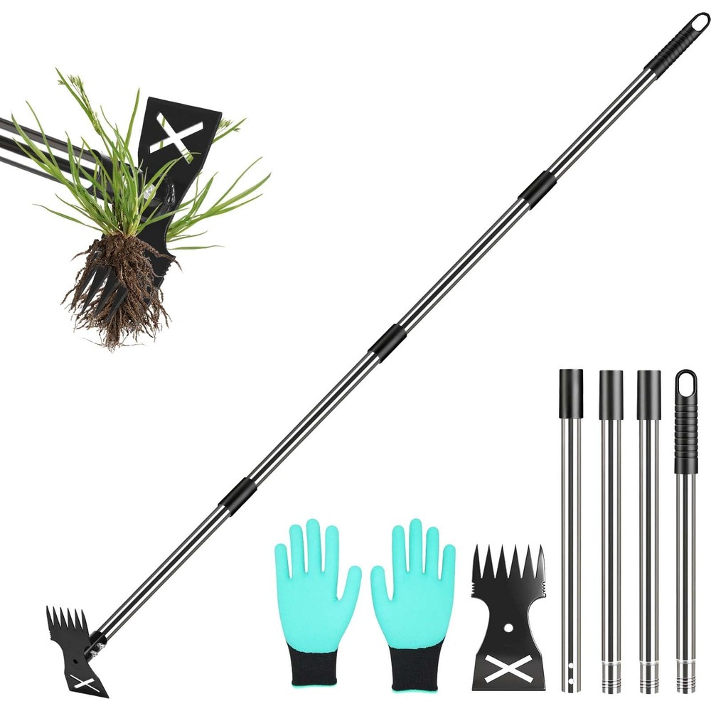 Weed Puller Tool with Long Handle-Vertical Adjustable Weeder, 2-in-1 Garden H...