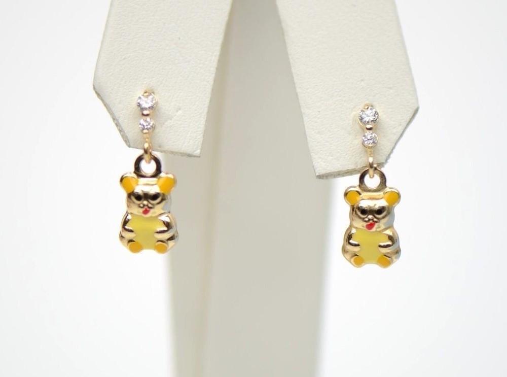 14K Solid Yellow Gold Teddy Bear Dangle Earring with Enamel