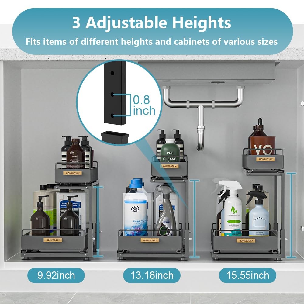 Under Sink Organizer Kitchen, 2 Tier Double Layer, Black