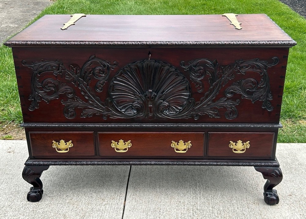 Antique Solid Mahogany Shell Carved Claw Foot Centennial Blanket Chest