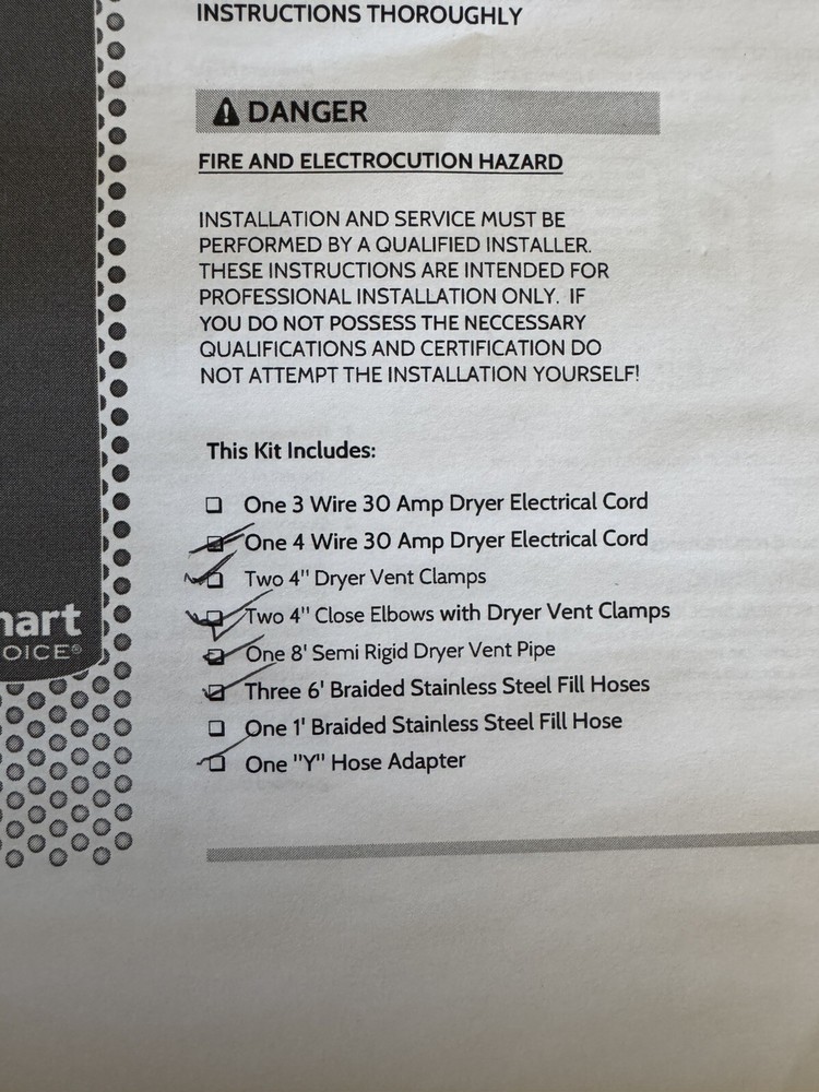 electrolux washer & 220V steam dryer kit