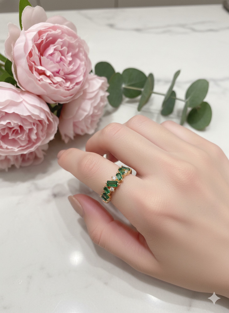 Emerald Green Baguette Ring Gold Zircon Statement Band Adjustable Stacking Ring