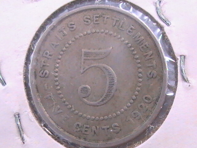 STRAITS SETTLEMENTS 5 CENTS 1920 VERY FINE+