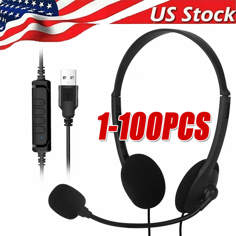 USB Headset Headphone  Microphone Noise Cancelling For PC Computer Call Chat LOT