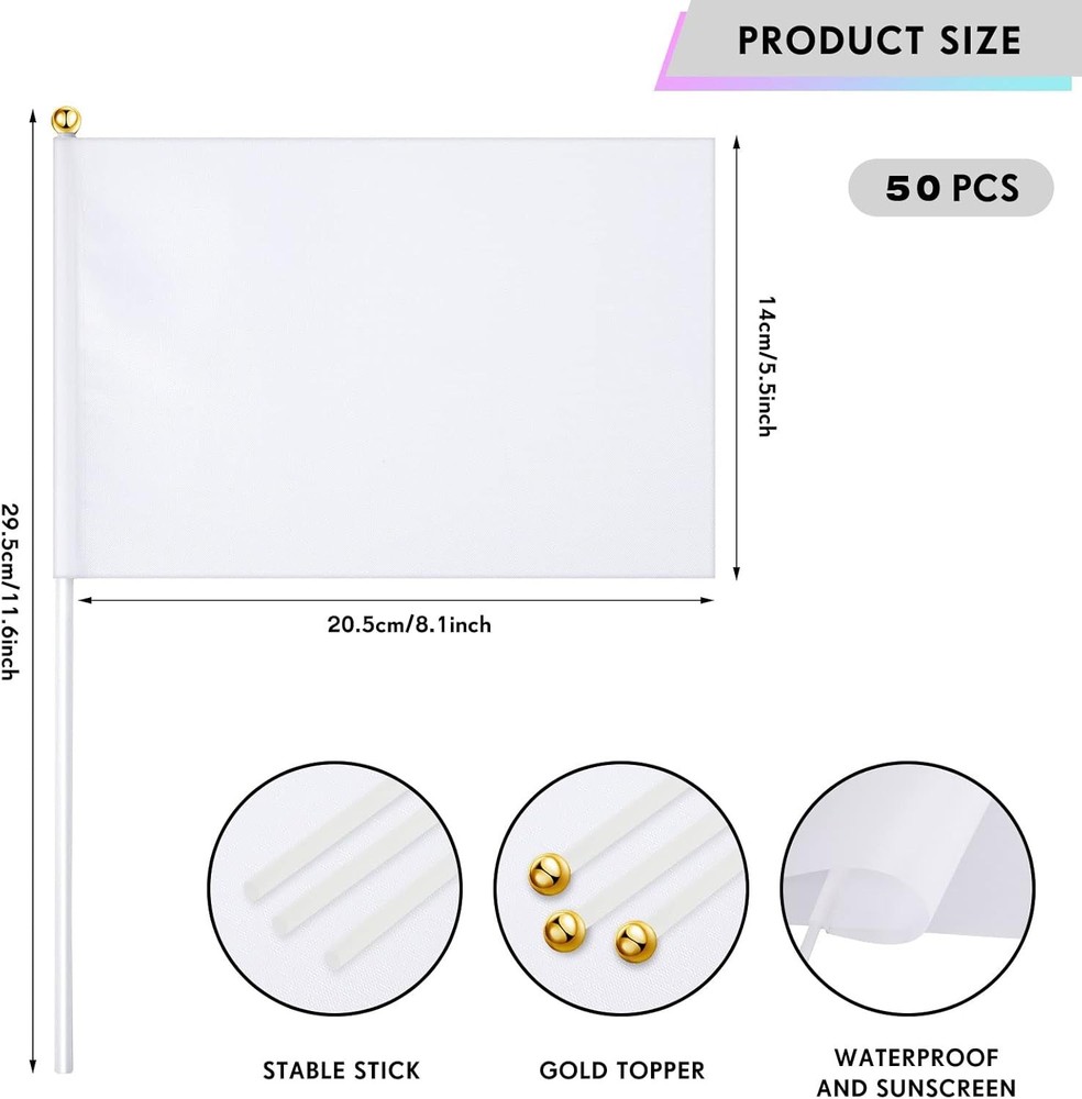 50 Pcs White Small Mini Flags Bulk Sublimation Blank Solid Plain