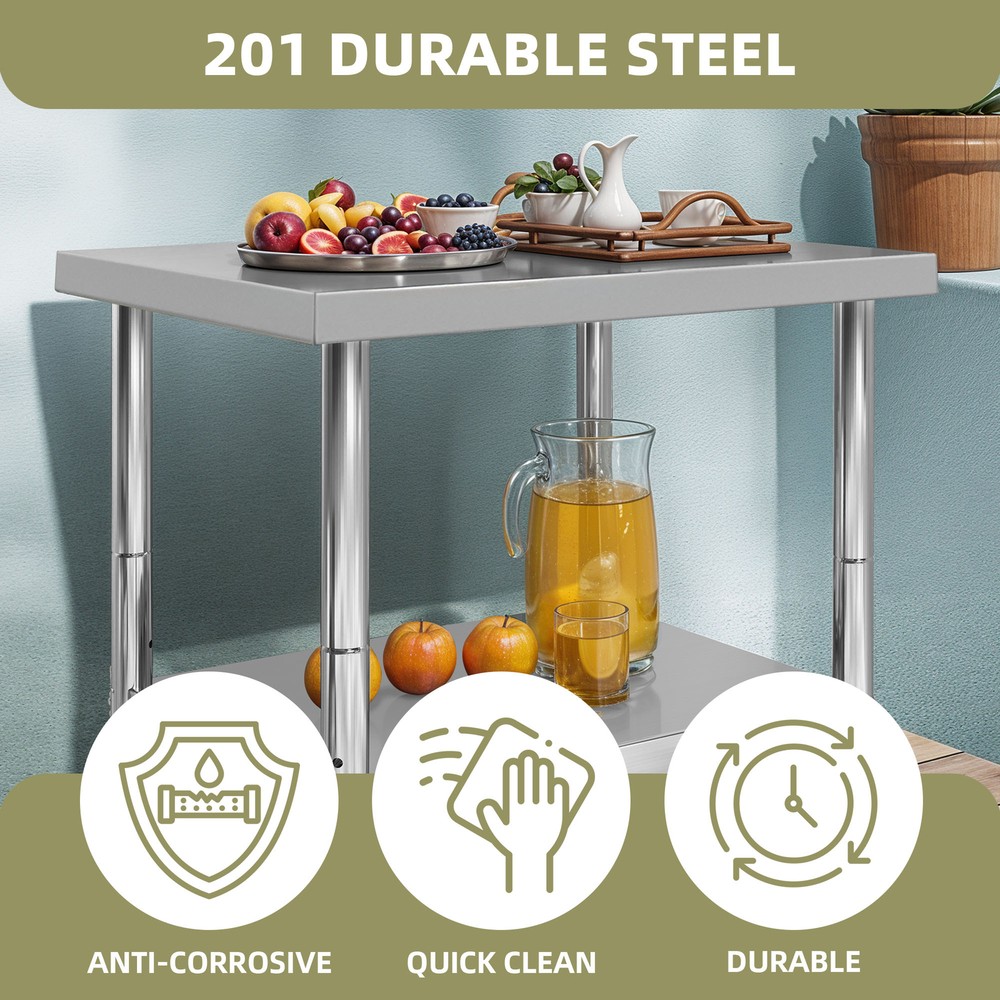 30"x24" Rolling Kitchen Work Table Stainless Steel Double Shelf Lockable Wheels
