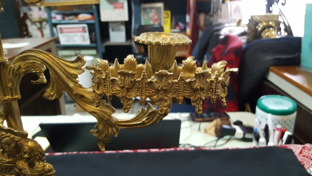 Antique Ornate Solid Brass Candelabra with Renaissance Design on Marble Base