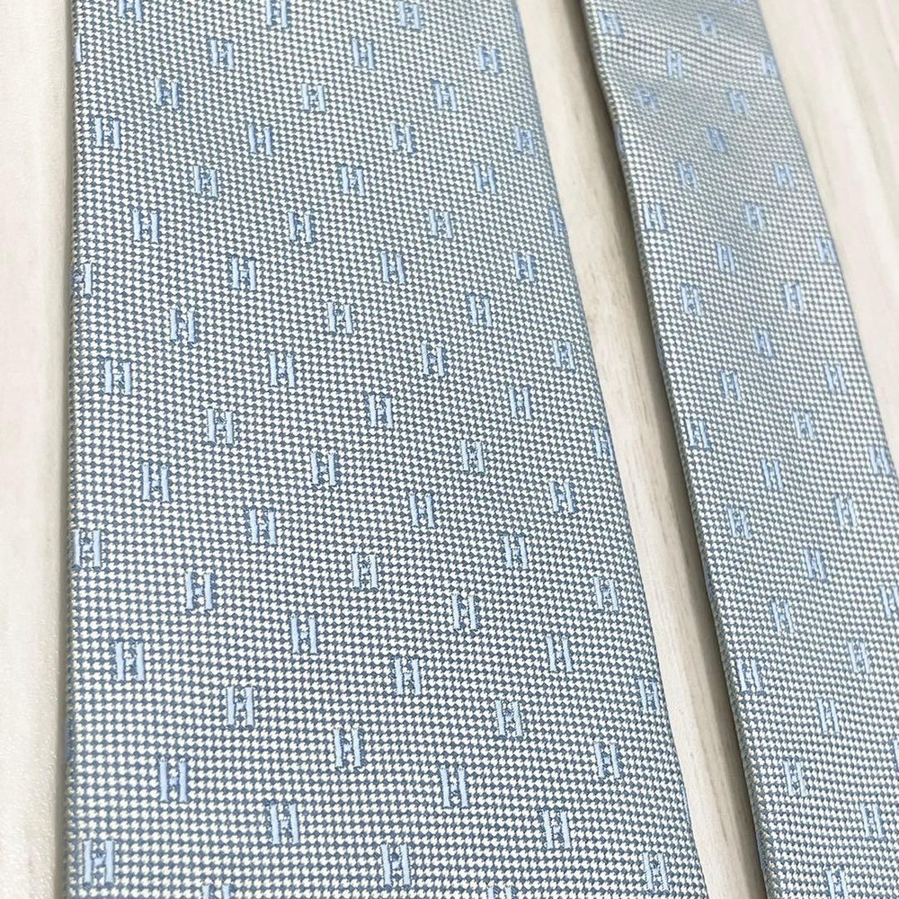 HERMES Tie Fasone H Pattern H Weave Blue White