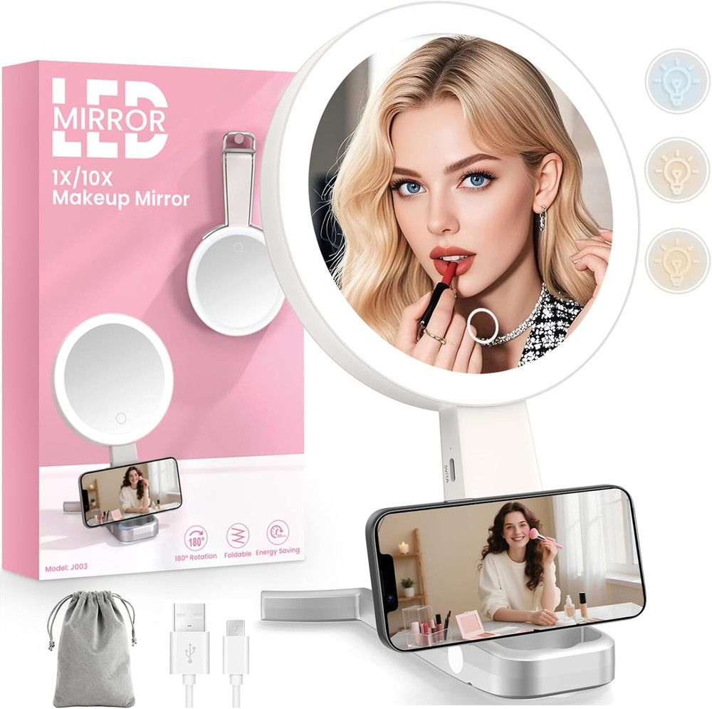 Makeup Mirror with Lights, 10X /1X Double-Sided Lighted Makeup Mirror with Magni