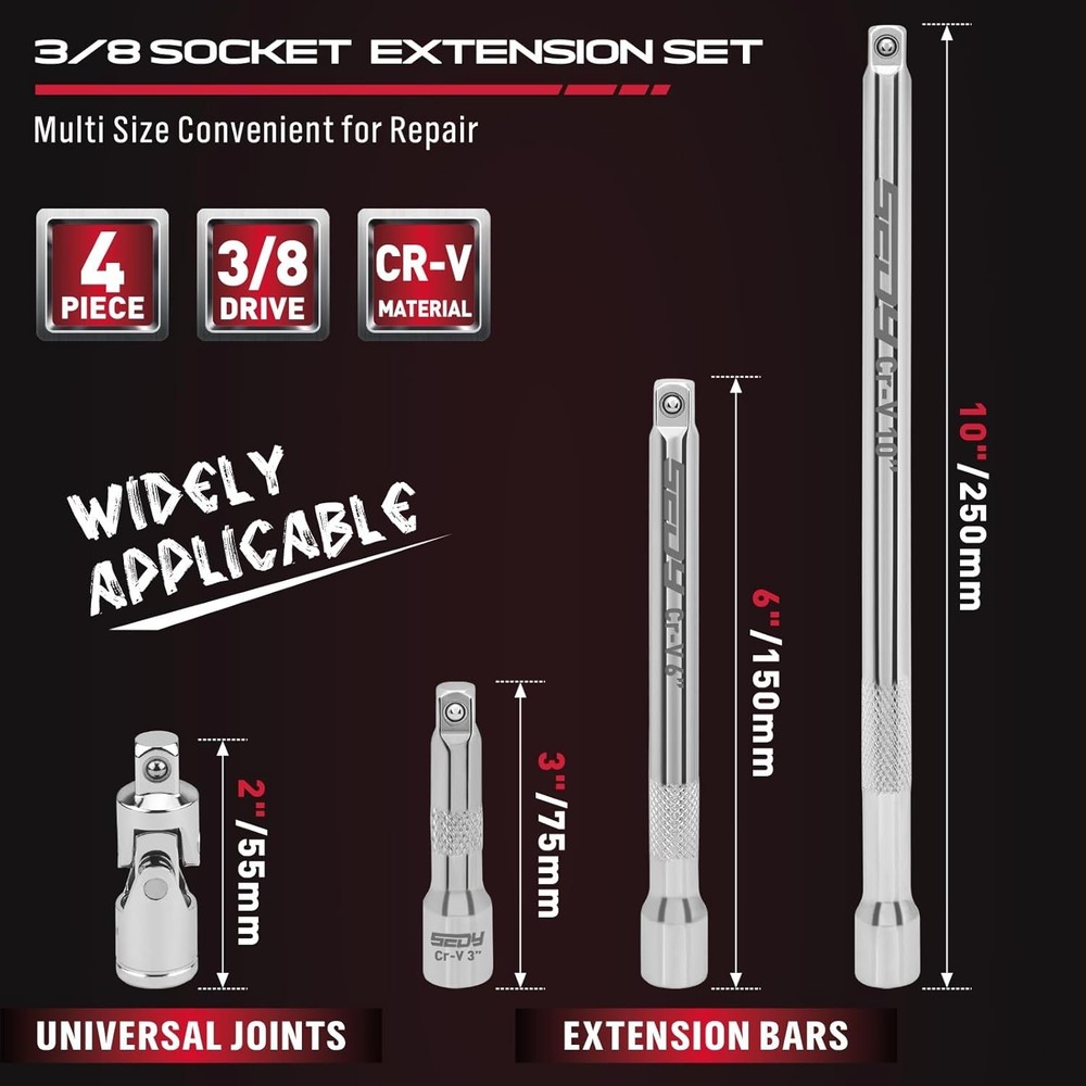 4-Piece 3/8" Drive Socket Extension Bar Set, Professional Socket Extension Se...