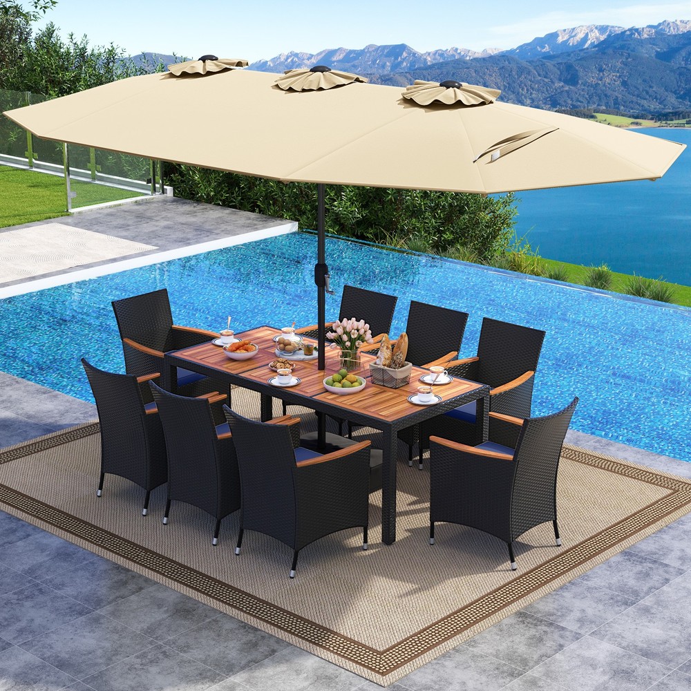 11 PCS Patio Wicker Dining Set w/Double-Sided Outdoor Umbrella 8 Stackable