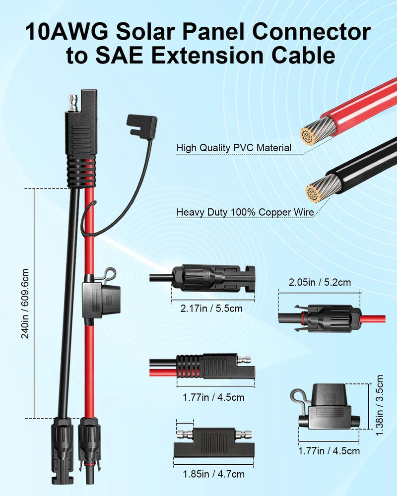Solar Panel Connector to SAE Adapter Cable, 20FT 10AWG Solar Extension Cable wit