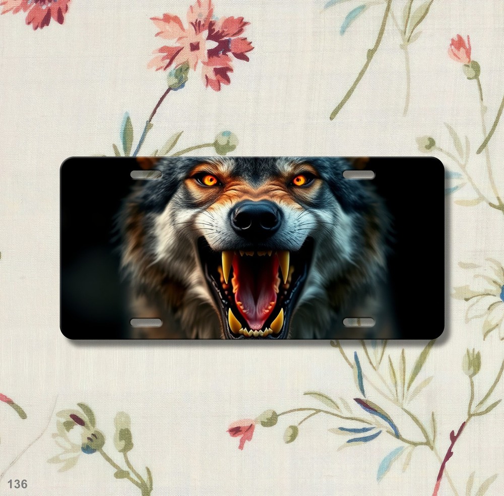 Aggressive Wolf License Plate with Sharp Teeth Optional Text Decorative Plate Bi