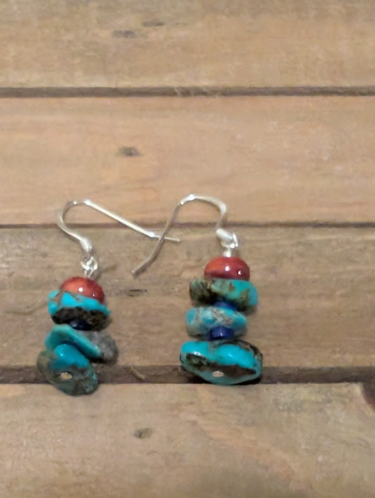Kingman Turquoise, Lapis, & Red Spiny Oyster Dangle Earrings
