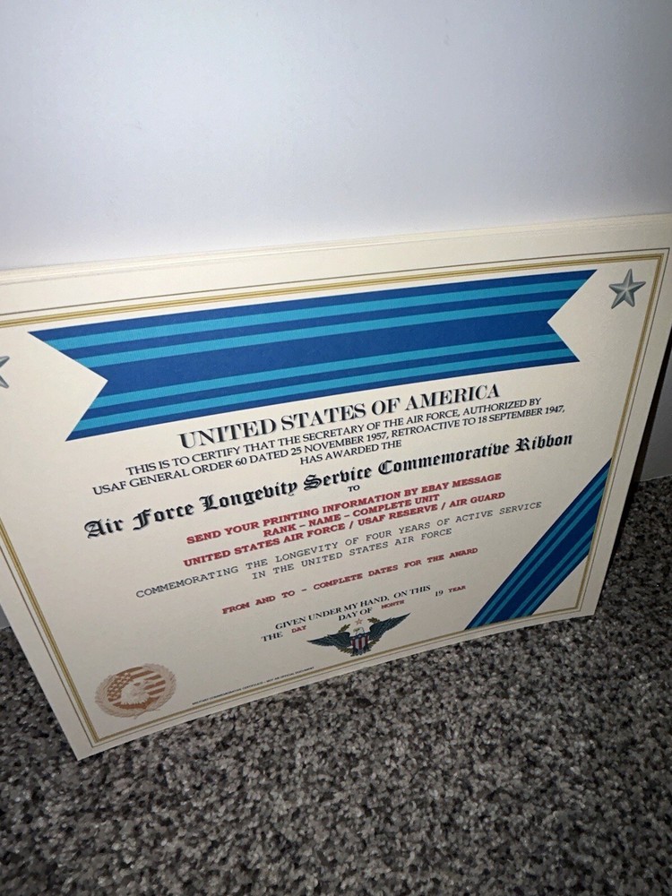 U.S. AIR FORCE LONGEVITY RIBBON COMMEMORATIVE CERTIFICATE ~ W/PRINTING TYPE-1