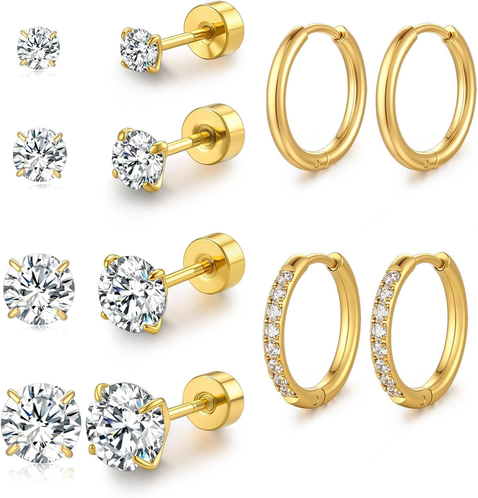 6 Pairs Flat Back Stud & 10mm Gold Hoop Earring Set