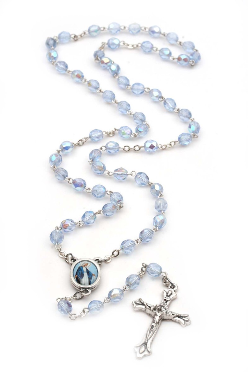 Women's Miraculous Medal Catholic Rosary Beads Blue Glass Beads Divine Mercy