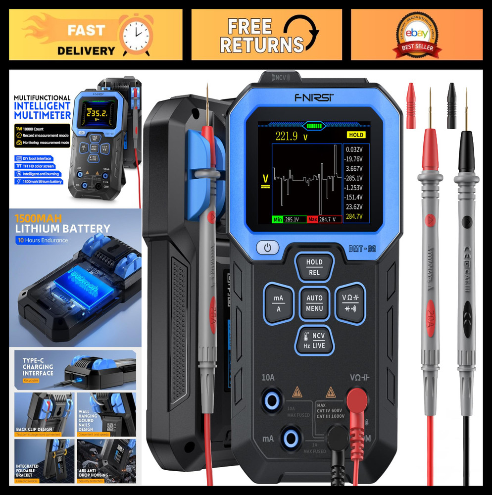 Digital Multimeter 9999 Counts TRMS Auto-Ranging Volt Meter, Rechargeable, Data