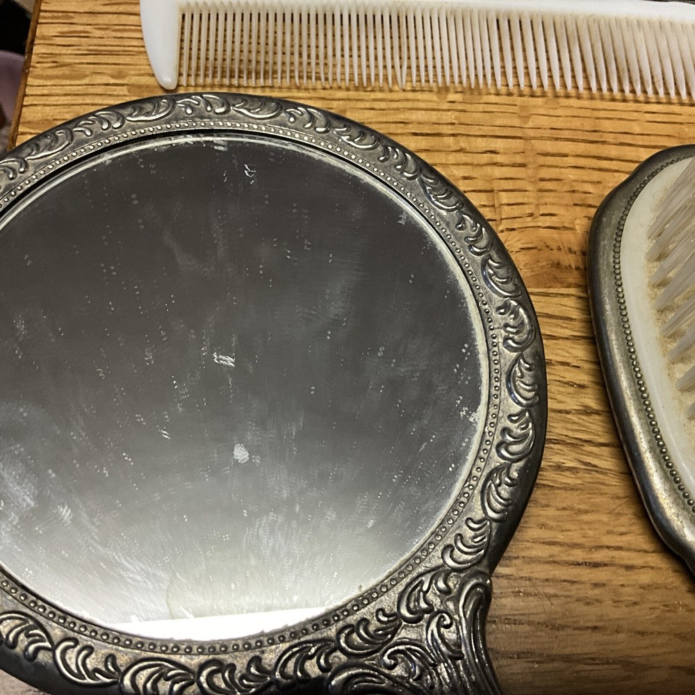 4 Piece Heavy Silver Color, Brush & Comb And 2 Handheld Mirrors