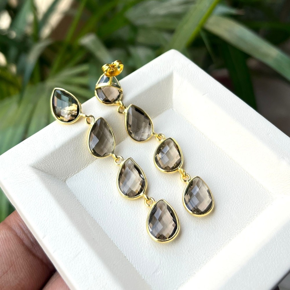 Precious Smoky Quartz Gold Plated Bezel Setting Statement Earring Dangle Earring