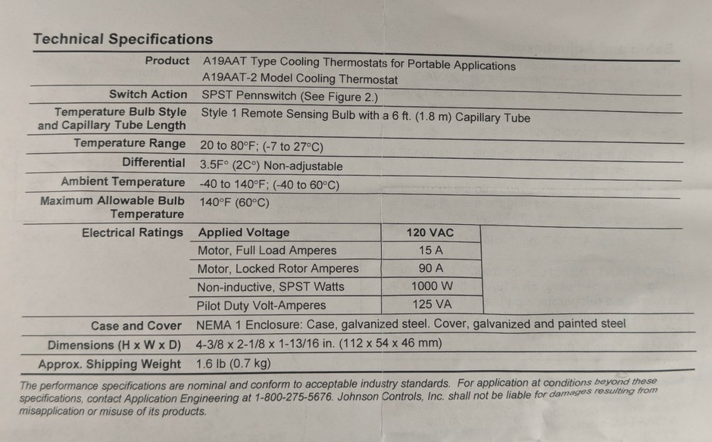 Johnson Controls A19AAT-2C Type Cooling Thermostat Portable Controller