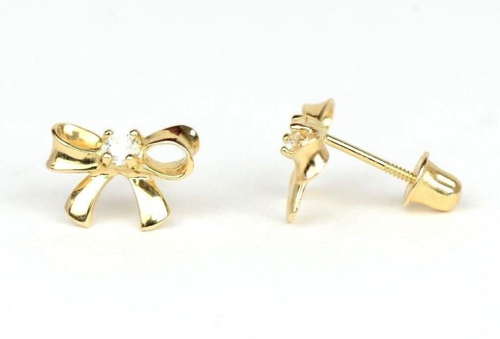 14k Solid White or Yellow Gold Bow Tie Stud Earrings with CZ