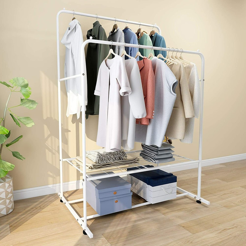 Large Cloth Garment Hanging Rack Organizer Double Rail Hallway Storage Wardrobe