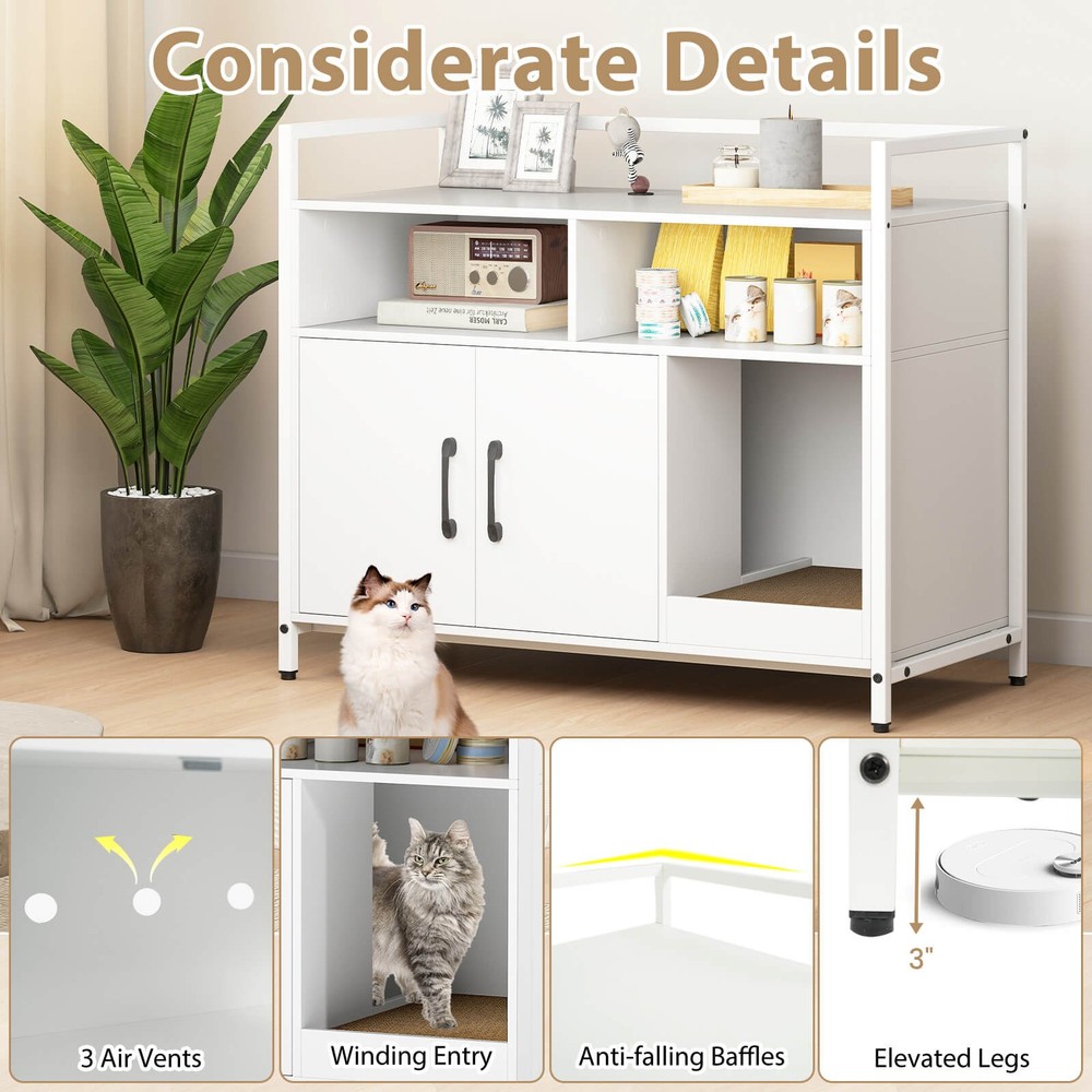 Cat Litter Box Enclosure w/ Storage Compartments Removable Scratching Board