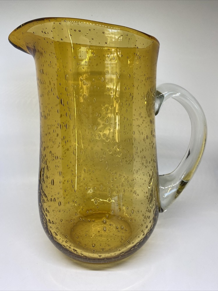 Amber Hand Blown Glass Pitcher with Applied Clear Glasa Handle