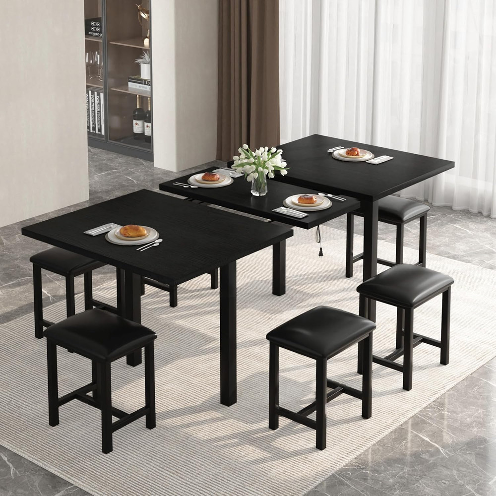 7-Piece Dining Table Set with 6 Square Stools, 63" Expandable Kitchen Table with