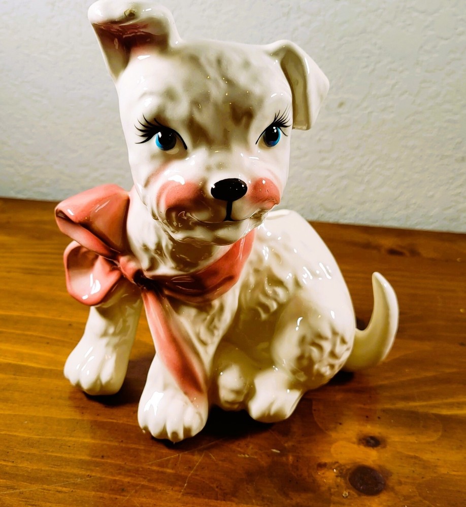 Dog Planter With Eyelashes , Pink Cheeks & Pink Bow