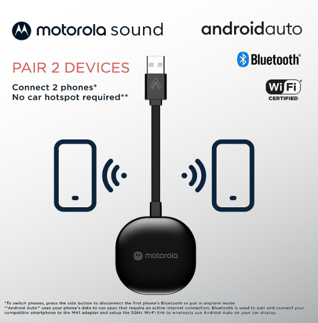 Motorola MA1 Wireless Android Auto Car Direct Plug-in USB Adapter