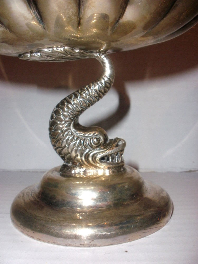 Pair Exquisite antique sterling silver compote figural dolphins or sea creatures