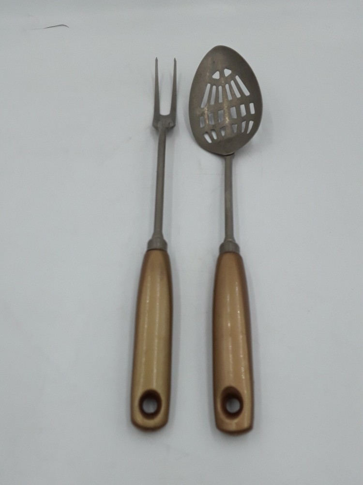 Vintage EKCO Slotted Spoon and Serving Fork Gold Plastic Handle