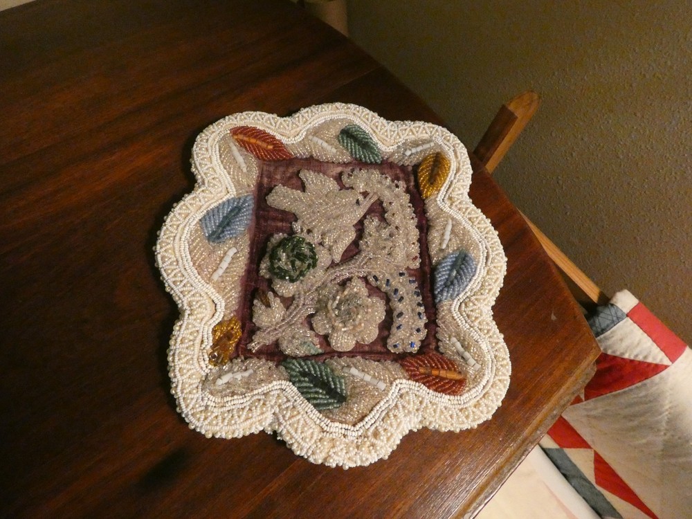 Antique Glass Bead Panel w/ Bird & Leaves
