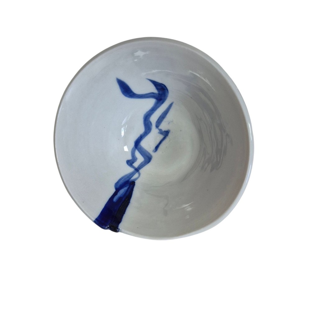 Studio Pottery Bowl Abstract Blue Drip Glaze Footed Base Organic Form Signed