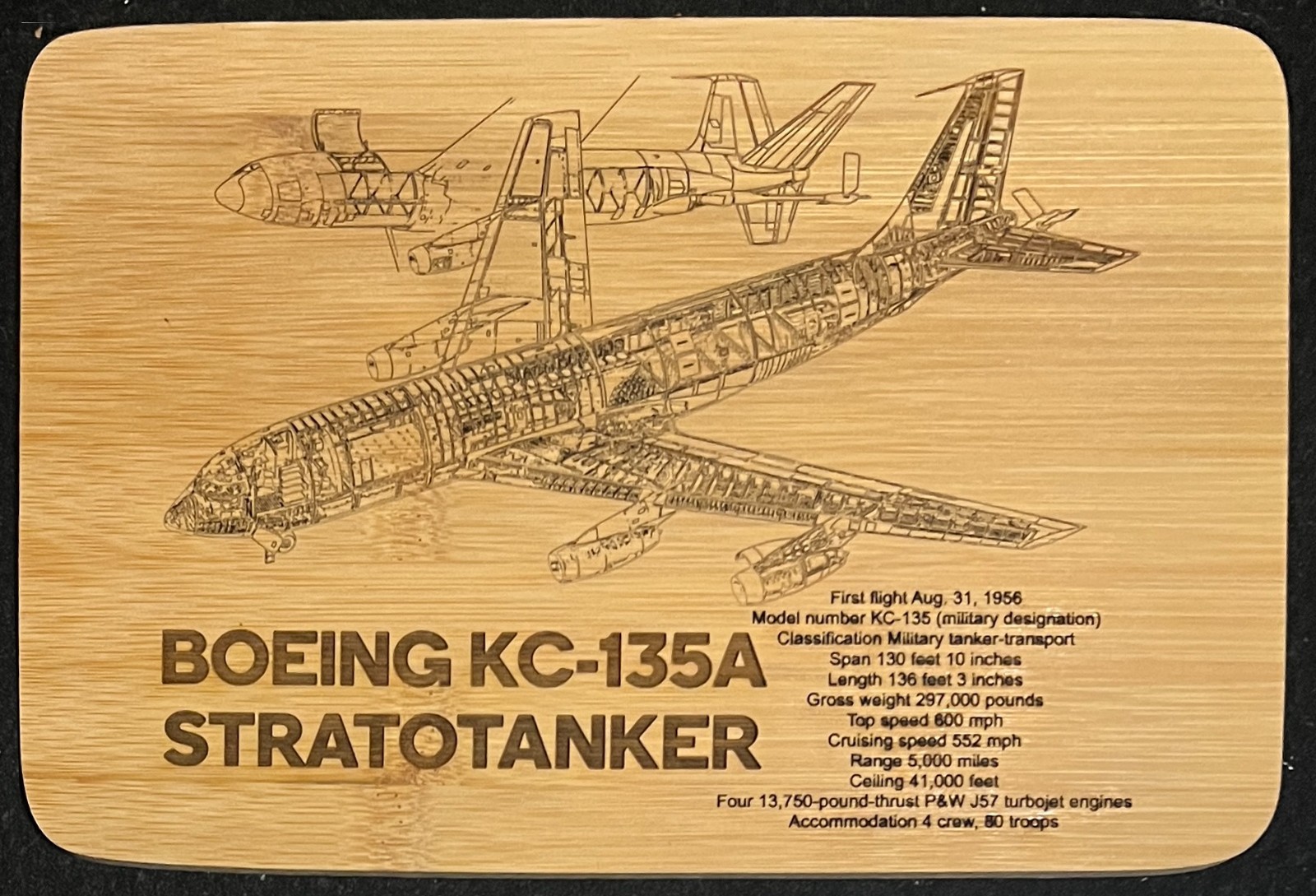 Laser Engraved KC-135A Technical Drawing with Specifications Wooden Plaque