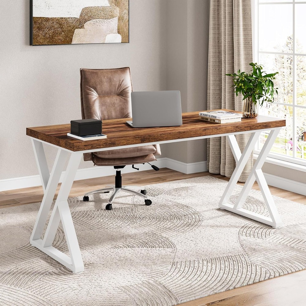 Modern Walnut/White 55" Heavy Duty Computer Desk Study & Work Desk