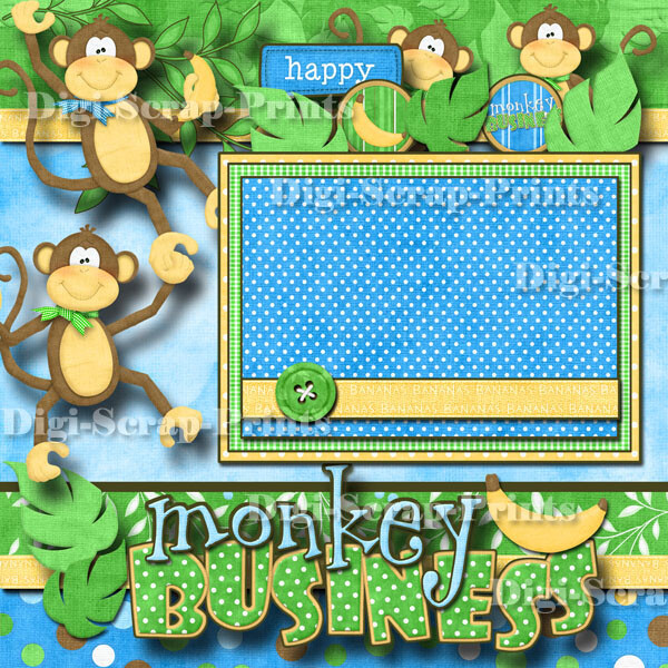 MONKEY BUSINESS 2 premade scrapbook pages paper piecing printed DIGISCRAP A0073