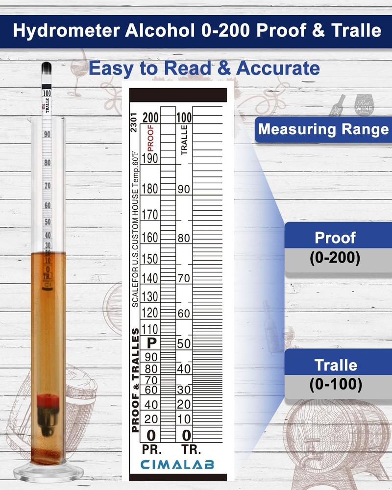 Hydrometer Alcohol Meter Kit, Hydrometer Alcohol 0-200 Proof & Tralle with Hy...