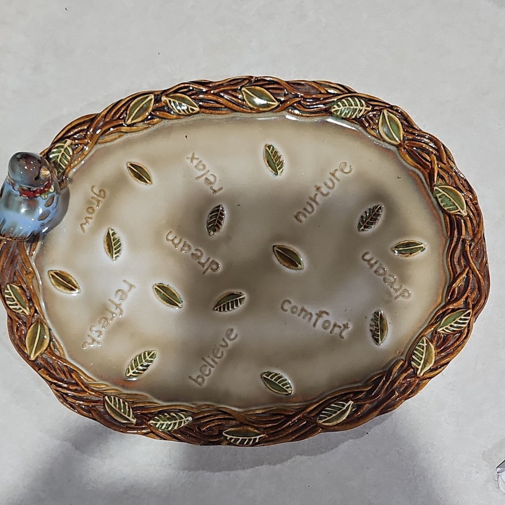 Oval Ceramic Plate 10x8 Small Bird Handle Leaf Border Words, Glossy Rustic