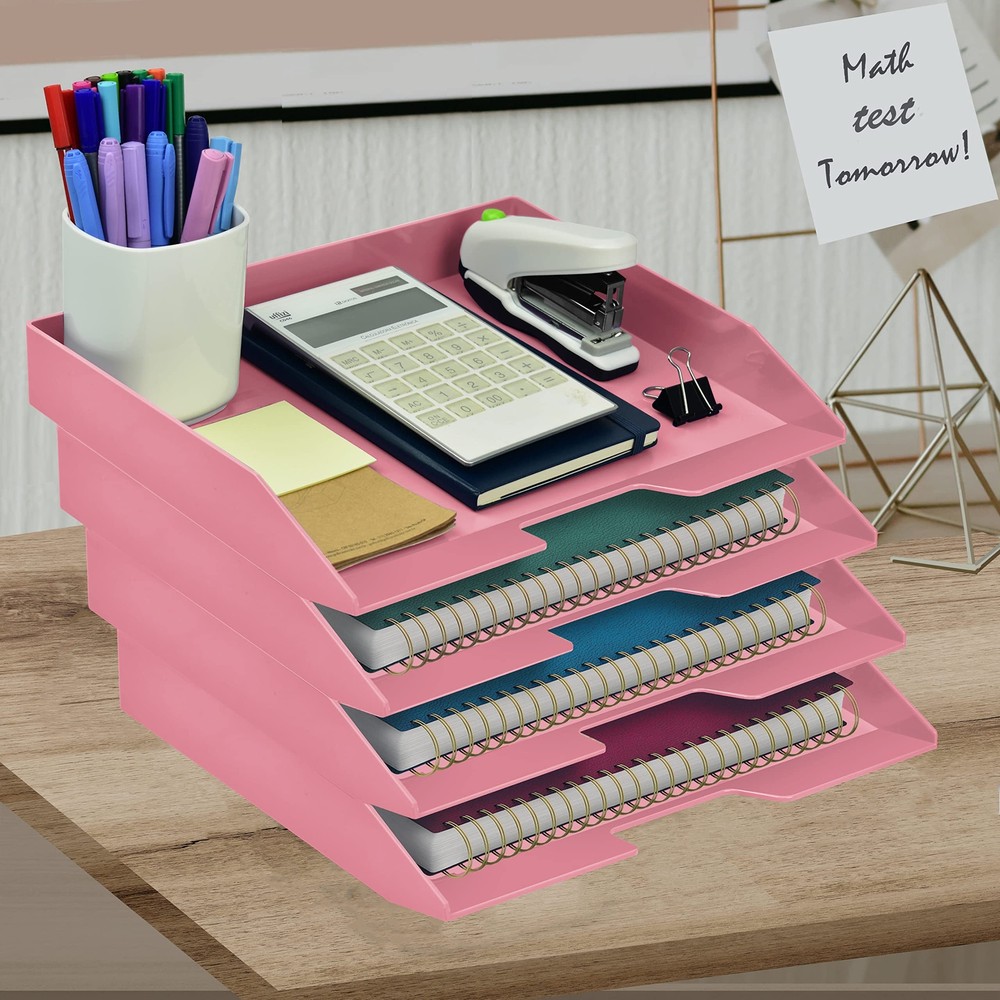 Stackable Letter Tray 4-Tier Side Load Plastic File Organizer Pink