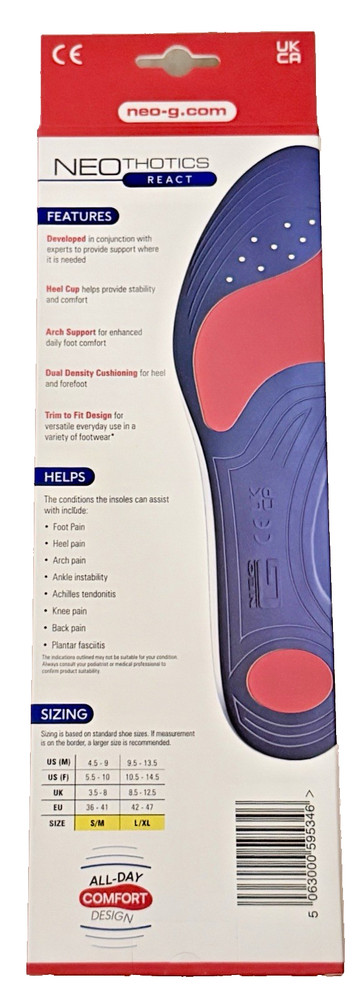 Neothotics React Full Length Orthotic Insoles~~Size L/XL ~~ Arch Support ~~
