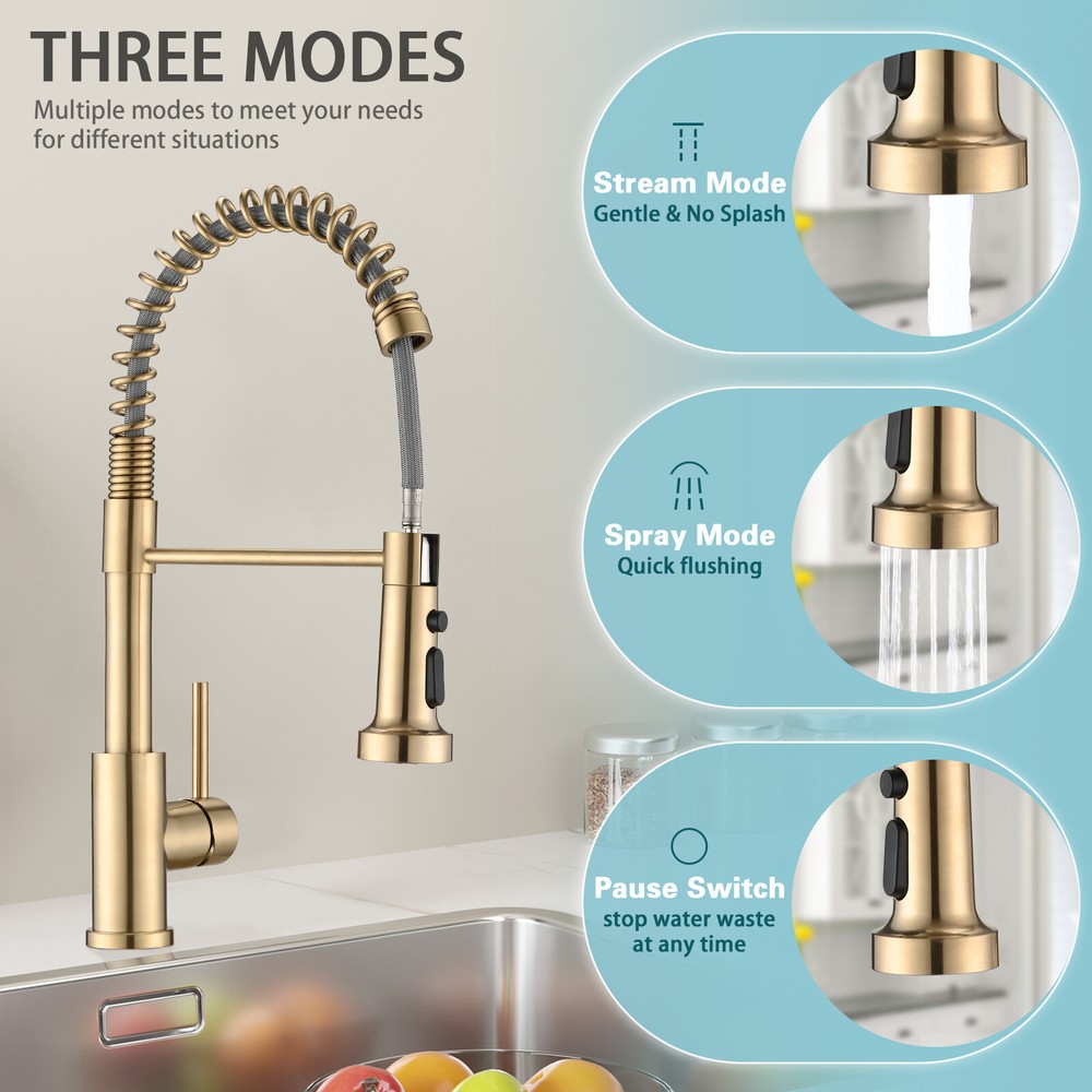RENIST Brushed Gold Pull Down Single Handle Spring Kitchen Sink Faucet