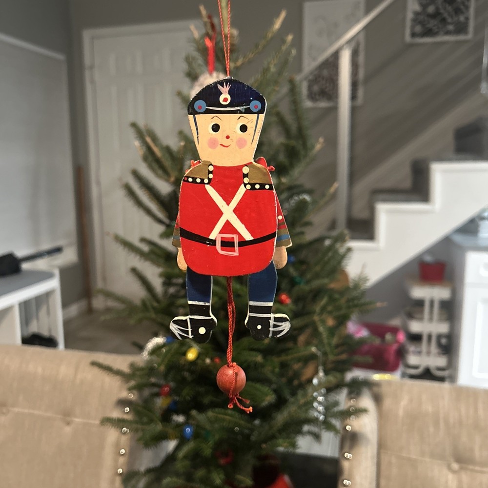 String Pull Puppet Soldier Ornament / Toy - Hand Painted - 5” - Vintage