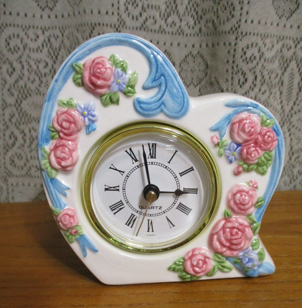 Heart Shape Quartz Table Clock - Embossed with Roses