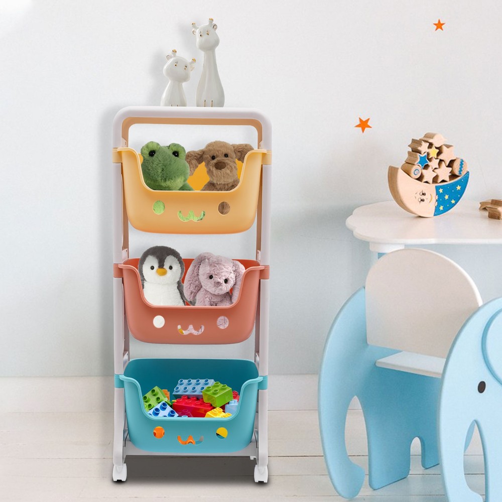 Storage Organizer, 3-Tier Stackable Rolling Cart, Storage Bins Organizer+Wheels