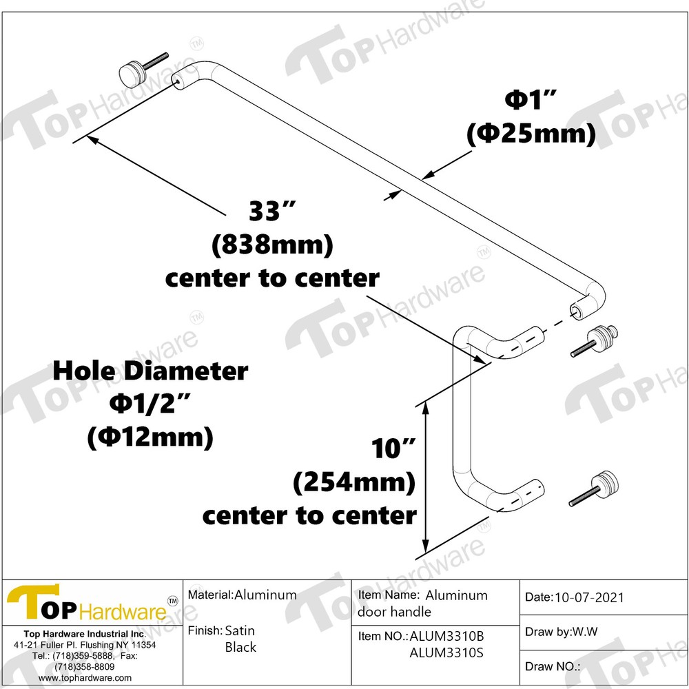 Solid Aluminum Round Combination Door Push Bar and Pull Handle Set - 10" x 33"