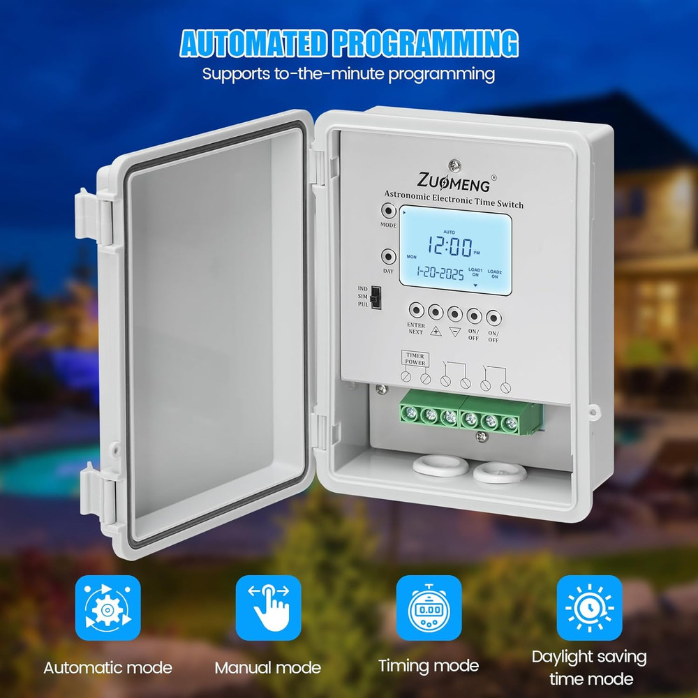 30A Astronomic Timer Switch, Weekly Scheduler, Waterproof, Rechargeable Battery